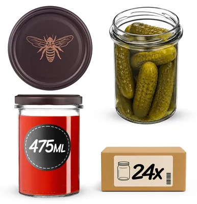 Produktbild von KADAX Einmachgläser 475ml mit Ø 82 mm Schraubdeckel, Marmeladengläser, Schraubgläser zum Einkochen, Einmachen und Aufbewahren von Marmelade & Honig (Braune Biene, 24 Stück)