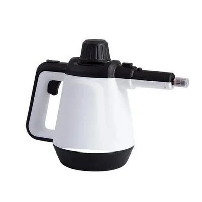 A white and black steam cleaner is shown against a white background.