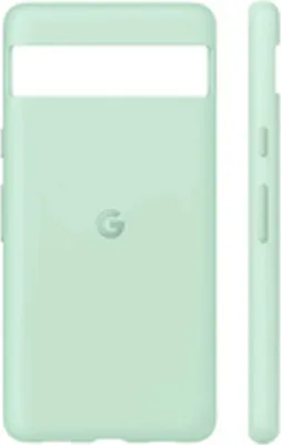 A light green Google Pixel 7a back cover is shown from the front and side.