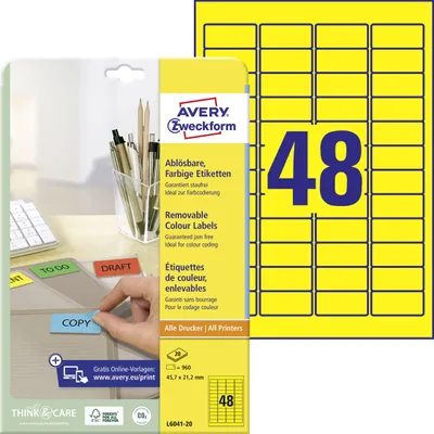 Obrázok produktu pre Avery L6041-20, Žltá, Samolepiaci štítok, A4, Papája, Laserový, Odnímateľné