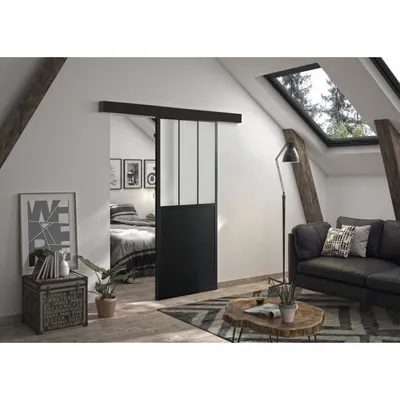 Image de OPTIMUM - Porte coulissante + rail + kit de barres d'atelier - H 204 x L 93 x P 4 cm - Verre dépoli noir