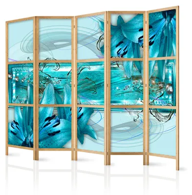Immagine prodotto di Pannello divisorio giapponese, 5 ante, pieghevole, realizzato in tessuto non tessuto di alta qualità, motivo floreale astratto, ideale per il soggiorno, dimensioni 225 cm x 172 cm