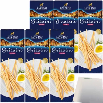 Produktbild von Leverno Grissini Torinesi Italienische Gebäckstangen extra dünn und knusprig 6er Pack (6x125g Packung) + usy Block