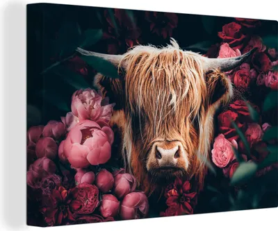 Produktbild von OneMillionCanvasses® - Leinwandbilder - 150x100 cm, Kuh - Schottisches Hochlandrind - Blumen - Botanisch, Wandbilder Wohnzimmer Hochland Rind - Tier Wanddekoration - Foto auf Leinwand - Gemälde auf