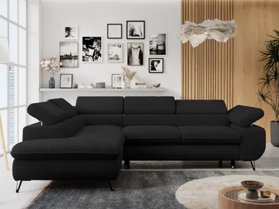 Produktbild von Ecksofa Sofa Schwarz, Wohnlandschaft L-Form mit Schlaffunktion und Bettkasten, Schlafsofa mit Bettkasten, Sofa mit Einstellbare Kopfstützen, Peter L - Schwarz Boucle - Links Schwarz