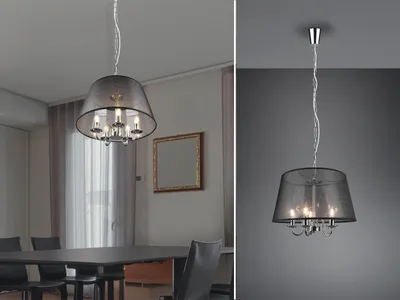 Produktbild von Pendelleuchte Reality Cima Hängelampe 5-flammig E14-Fassung Kronleuchter Textilschirm Schwarz höhenverstellbar Chrom