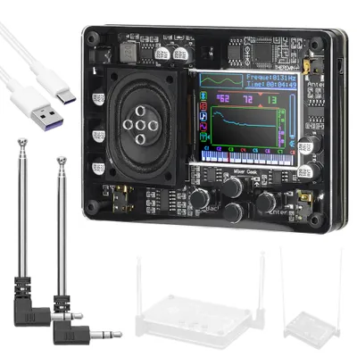 A black electronic device with a screen, speaker, and various controls, along with accessories like USB cables and antennas, is displayed against a white background.
