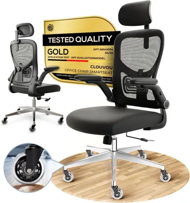 Obrázek produktu pro Ergonomická kancelářská židle s prodyšnou síťovinou, funkcí naklápění až do úhlu 135° a sklopnými podloketníky, s nosností až 150 kg