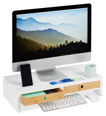 Image de Support d'écran - 2 tiroirs - MDF et bambou - Blanc et naturel - Pour bureau et télétravail