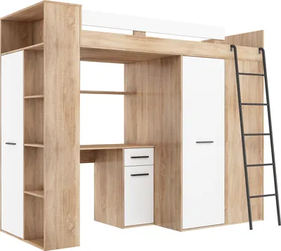 Obrázok produktu pre Podkrovná posteľ VERANA R (pravá) Poschodová posteľ Predsieň 90x200 Šatníková skriňa Policové schody SONOMA OAK / WHITE