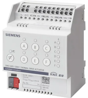 Produktbild von Siemens Thermoantriebaktor N 605D41, 6-fach, KNX, AC 24–230V, 6 integrierte Raumtemperaturregler, 1 Stk.