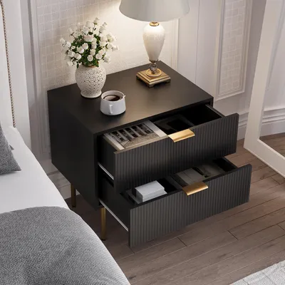 Image de Table de chevet blanche à motif ondulé avec 2 tiroirs, table de chevet de chambre à coucher, table de chevet moderne avec pieds en métal, 1 pièce, blanche, 53,00 cm, 41,30 cm, 52,50 cm, MDF, aggloméré