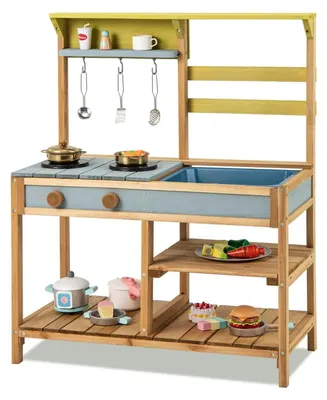 Immagine prodotto di Cucina da gioco per bambini da esterno - Cucina giocattolo in legno con lavello - Ganci - Ripiano rimovibile - Per uso esterno - Dai 3 anni in su - Gialla