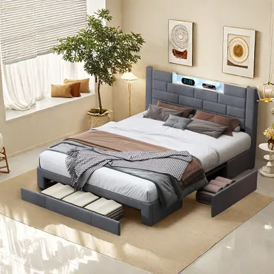 Produktbild von Doppelbett - Bett mit Stauraum - Bett mit Schubladen - LED-Bett - Bett - Mit 3 großen Stauraumschubladen