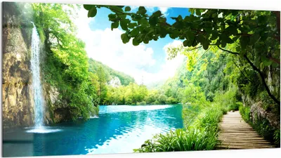 Produktbild von DEQORI Küchenrückwand Glas 100x50 cm 'Wasserfall im grünen Wald' Spritzschutz Bad Rückwand