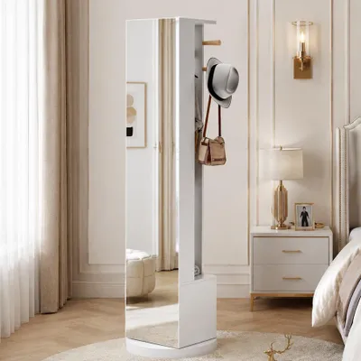 Produktbild von INONEFT Standspiegel 160 x 35 cm, Hochauflösender, Drehbarer Ganzkörperspiegel mit Garderobe und 2 Schubladen, Standspiegel aus Gehärtetem Glas, Weiß