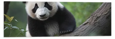 Productafbeelding van Vlag - Aankijkende Panda op Boomstam in het Bos - 90x30 cm Foto op Polyester Vlag