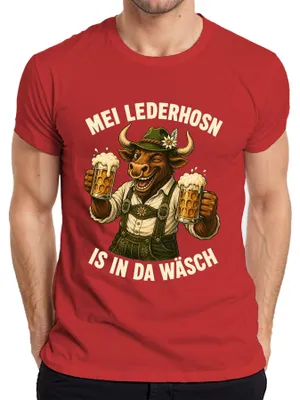 Obrázek produktu pro Mei Lederhosn – Tričko s motivem býka, pánské, kožené kalhoty, červené, velikost M