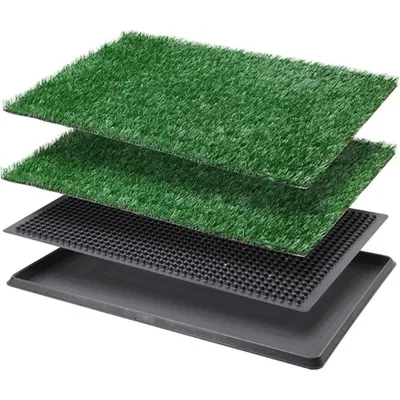 Image de Toilettes pour chien 76 × 51 cm avec 2 tapis en gazon synthétique et un bac de récupération à trois couches, perméables à l'eau et résistantes à l'abrasion, pour l'apprentissage de la propreté des chiots et des chiens à l'intérieur