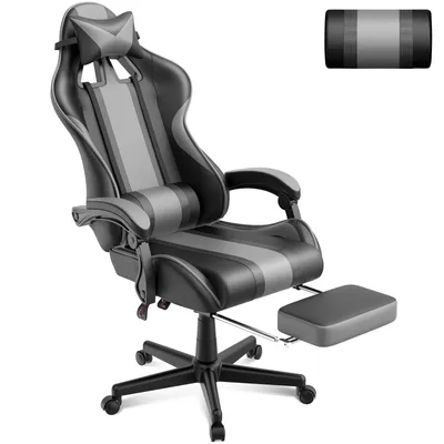 Produktbild von Verdego Gaming-Stuhl, Computerstuhl mit Fußstütze, Schreibtischstuhl mit Kopf- und Lendenkissen, Ergonomischer Gaming Sessel, Bürostuhl Grau