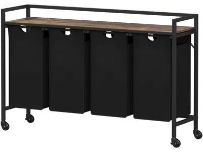 Wäschekorb mit Rollen, 168L, 4 Fächer, ausziehbar, mit Ablage, Braun/Schwarz