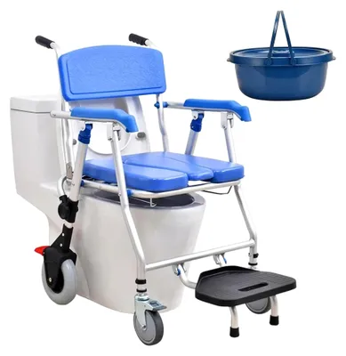 Produktbild von Duschstuhl mit Rollen für Senioren | Fahrbarer Klappbarer Toilettenstuhl | Multifunktionaler Duschrollstuhl mit Rädern | Inklusive Urineimer und Bremse | Tragfähigkeit 150 kg