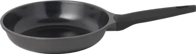 A black frying pan with a black handle is shown against a white background.