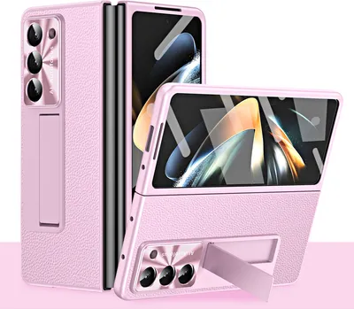 Produktbild von Hülle für Samsung Galaxy Z Fold 5 Litschi Hart PC Stander Schutzhülle mit Displayschutz / Linsenschutz Pink
