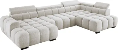 Produktbild von DomoHome Modern Großes U‑Förmiges Ecksofa Stoff EDEN Weiß Rechte Seite 393×205×97 cm – Verstellbare Kopfstützen, Schlaf‑Optional, Minimalistisches Kubistisches Design
