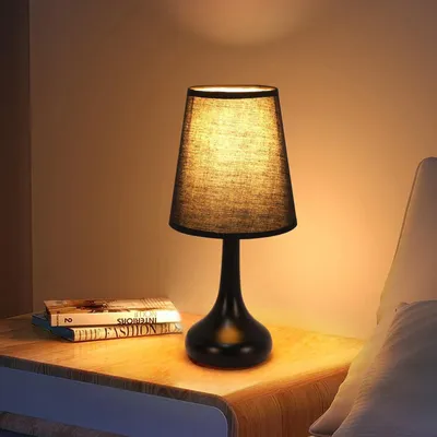 Image de Lampe de chevet moderne, douille E27, abat-jour en tissu, noire, idéale pour le salon et la chambre
