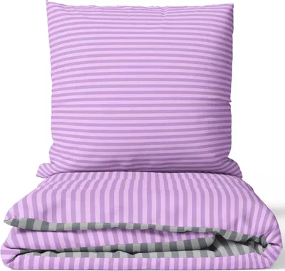 Produktbild von Bettwäsche 4-teilig Set 155x200 cm in Lila Grau mit Streifenmuster und Reißverschluss aus PolyBaumwolle – Wendebettwäsche