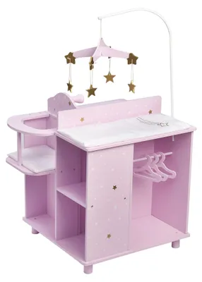 Produktbild von Olivia's little world Glitzersterne Prinzessin Babypuppe Wickelkommode mit Hochstuhl, Waschbecken, Schrank und Aufbewahrungswürfel, Lila/Weiß/Gold