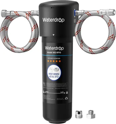 A water filter system with hoses attached, shown against a white background.