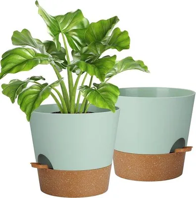 Productafbeelding van Bloempotset - 2 kunststof potten met irrigatiesysteem, groen