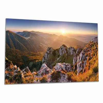 Produktbild von Wallario Herdabdeckplatte aus Glas, Größe 80 x 52 cm 1-teilig, Motiv Berglandschaft mit Sonnenuntergang in der Slowakei
