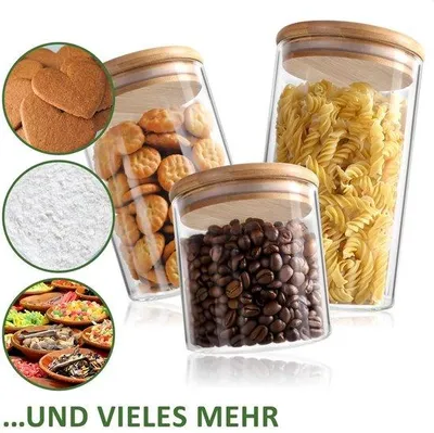 Immagine prodotto di Set di 3 contenitori per alimenti con coperchio in bambù - Contenitori per alimenti - Contenitori ermetici in vetro borosilicato rinforzato - 0,6 L / 0,9 L / 1,2 L (3 pezzi - 600/900/1200 ml)