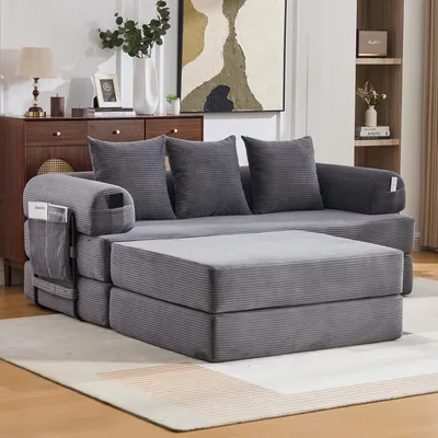 Produktbild von okwish Dreisitzersofa Modulares Sofa mit Hocker und Seitentasche Schlafsofa Wohnzimmersofa mit 3 bequemen Kissen Loungesofa mit stabilem Metallrahmen frei kombinierbar Dunkelgrau