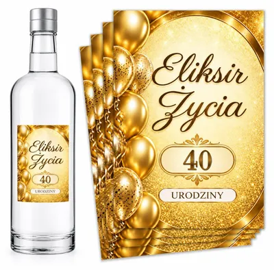 Obrázek produktu pro Etikety na lahve – k 40. narozeninám – „Eliksir Życia” – zlatá – 8 ks