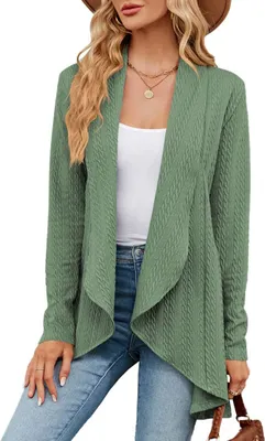 Produktbild von ASKSA Damen Strickjacke Langarm Einfarbige Cardigan Gestrickt Strickmantel High Low Saum Jacke Casual Top, Grün, L