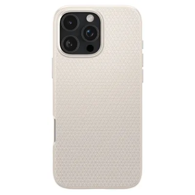 A beige iPhone case with a textured pattern is shown against a white background.