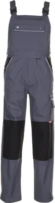 A pair of gray and black work overalls shown against a white background.
