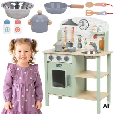 Produktbild von Tooky Toy Grüne Holzküche mit Zubehör
