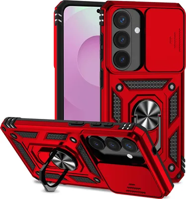 Image de Étui pour Samsung Galaxy S26 étui double couche avec cache coulissant pour appareil photo et support annulaire rouge