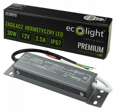Obrázek produktu pro Hermetický, vodotěsný napájecí zdroj pro LED pásky, 30W, 12V, 2,5A, stupeň krytí IP67, PREMIUM