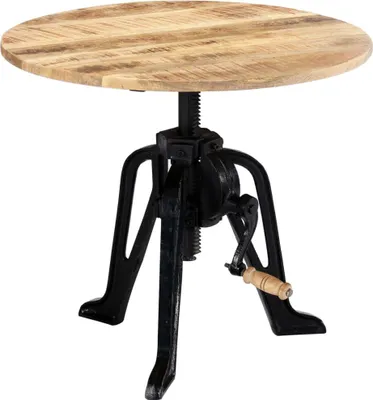 A round wooden table with a black metal adjustable base, shown against a white background.