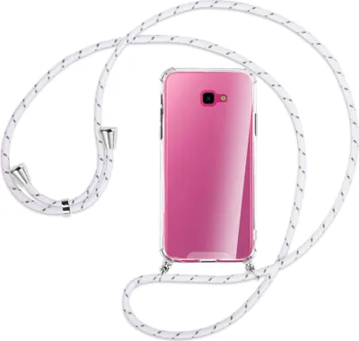 Produktbild von Handykette Backcover-Schutzhülle mit Band (Metall silberfarben) für Samsung Galaxy J4 Plus - weiß/grau