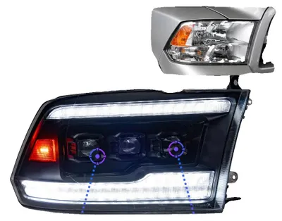 Zdjęcie produktu dla Zestaw reflektorów, kompatybilny z modelami RAM 1500, 2500 i 3500 (2009–2018), oświetlenie LED, dynamiczne światło sygnalizacyjne, LED