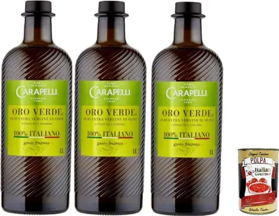 Produktbild von Carapelli Oro Verde Extra Vergine di Oliva, 100% Italienisches Olivenöl, 3 x 1 Liter, + Italian Gourmet polpa 400g