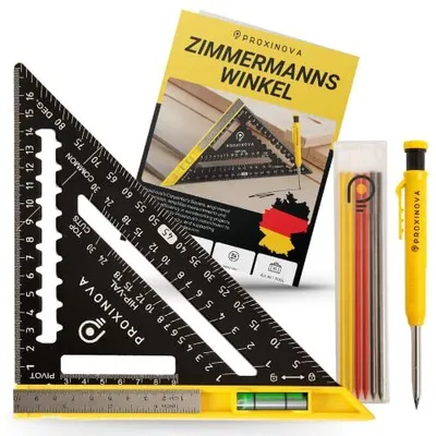 Produktbild von Proxinova Zimmermannswinkel Set - Aluminiumlegiert - Groß 180mm mit Wasserwaage und Zimmermannsstift - Messlehre, Winkelmesser, Anschlagwinkel