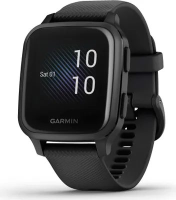 Produktbild von Garmin Venu SQ Music Smartwatch, schwarz/schiefergrau, rechteckiges Farbdisplay, Gehäuse 37x40,6x11,5 mm, Display 3,3 cm (1,3 Zoll), GPS, Herzfrequenzsensor, Garmin Pay, 50m wasserdicht, bis zu 6 Tage Akkulaufzeit, Fitness-Tracking, Notfallhilfe, Unfallbenachrichtigung, Garmin Coach, Android/iOS-kompatibel